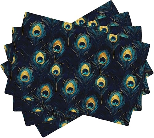 Miniatura 1 de Dining Table Placemats Set of 4-12x18 Inch Elegant Peacock Feathers Print Faux Linen Double Heat Resistant Place Mats, Kitchen Table Mats, Wipeable