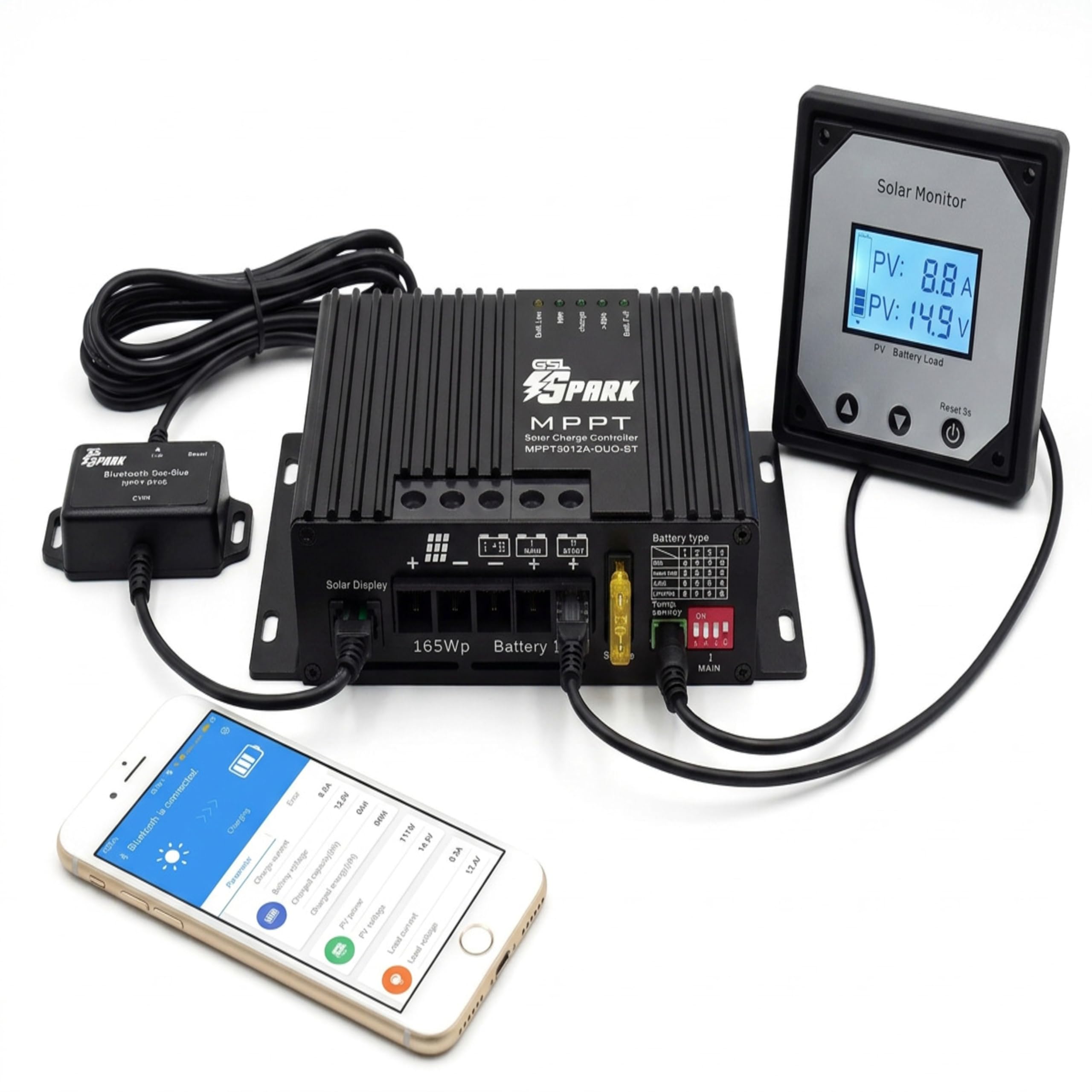 Spark, regolatore di carica solare MPPT a doppia batteria, 12 V, per camper, roulotte, rimorchio, adatto per sigillato, gel, allagato, batteria al litio opzionale unità display remoto dongle bluetooth
