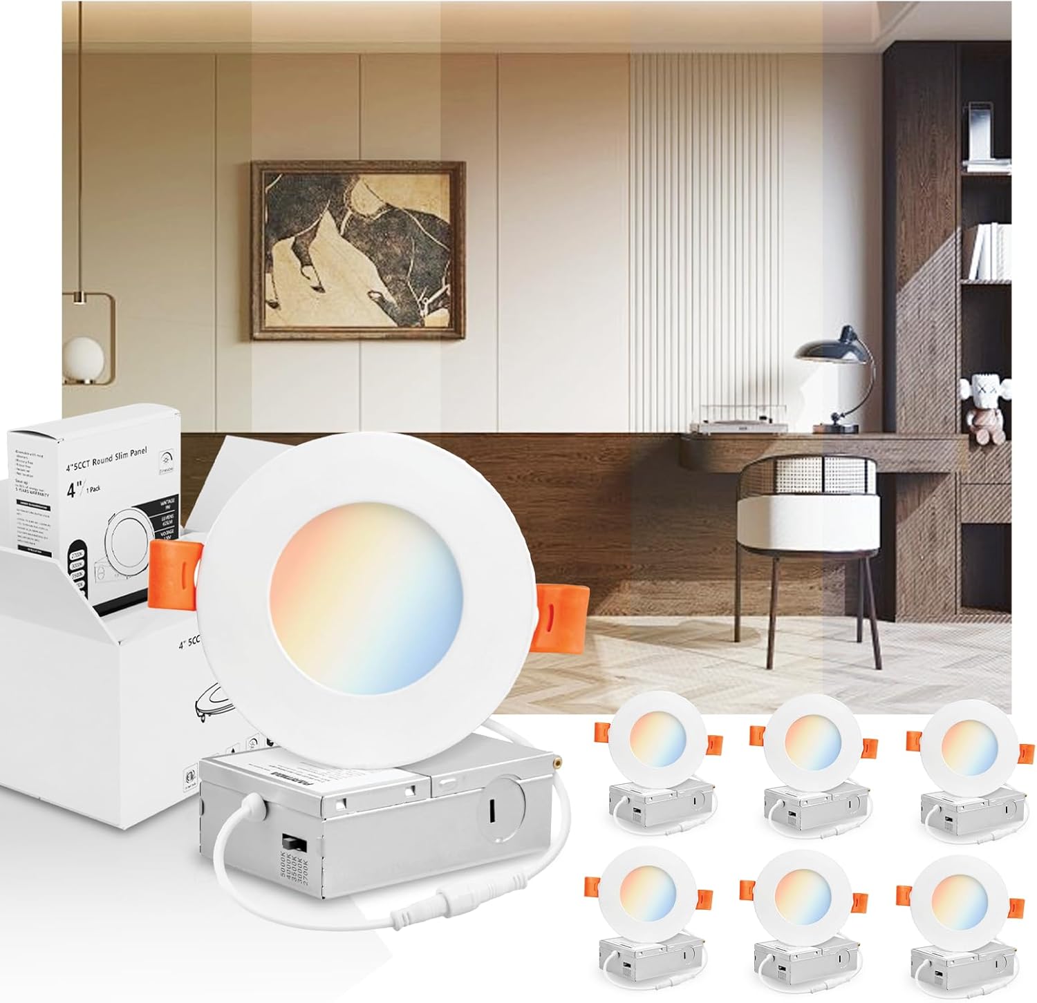 OKQ 6 Pack 4 Inch 5CCT Ultra-Thin LED Recessed Ceiling Light with Junction Box, 12W Dimmable High Brightness Canless Wafer Downlight for Kitchen,Bathroom,Living Room,Hallway -ETL&FCC