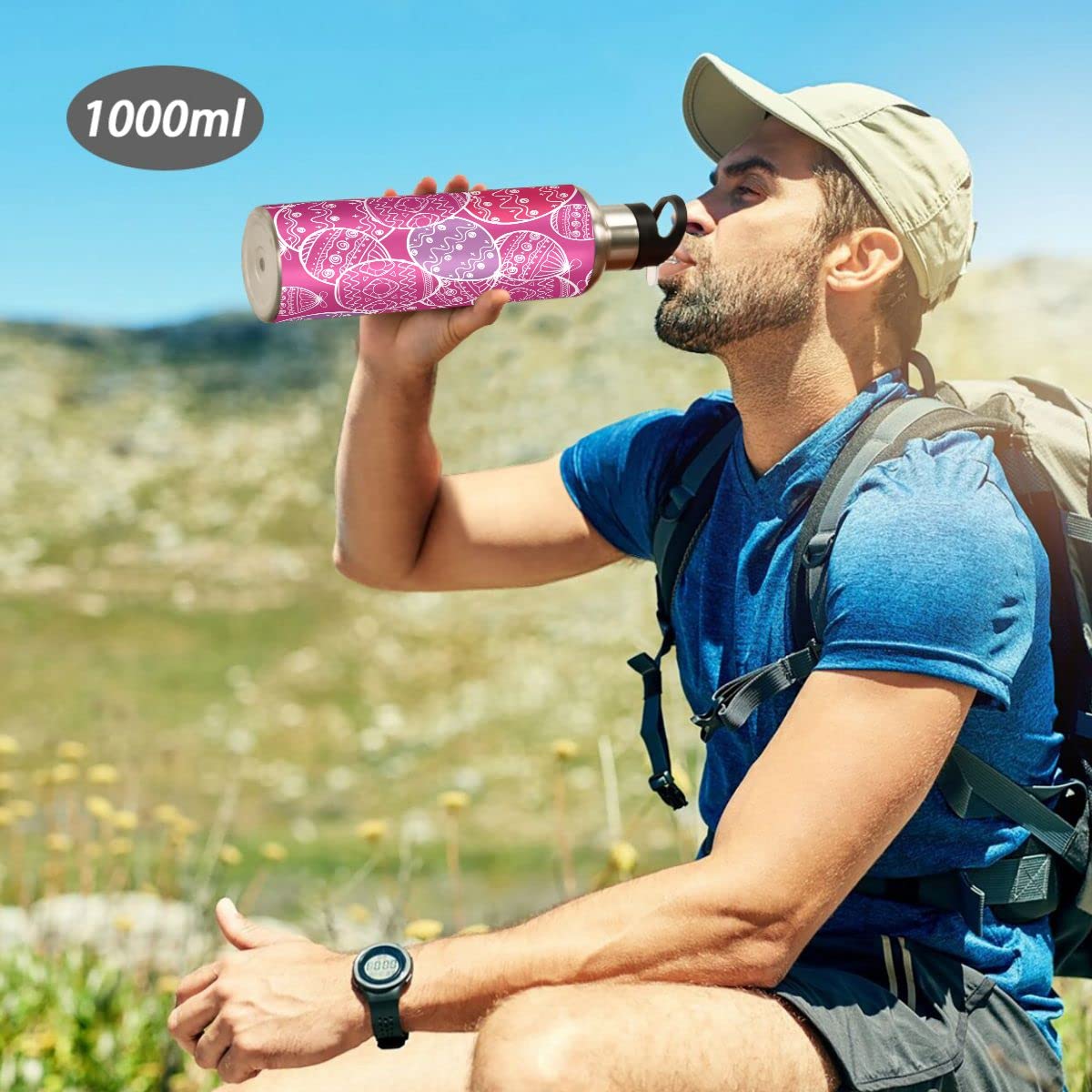 Edelstahl Wasserflasche mit Strohhalm, Ostereier Isolierte Trinkflasche Sport Wasserflasche für Kinder Erwachsene, auslaufsicher, 1L