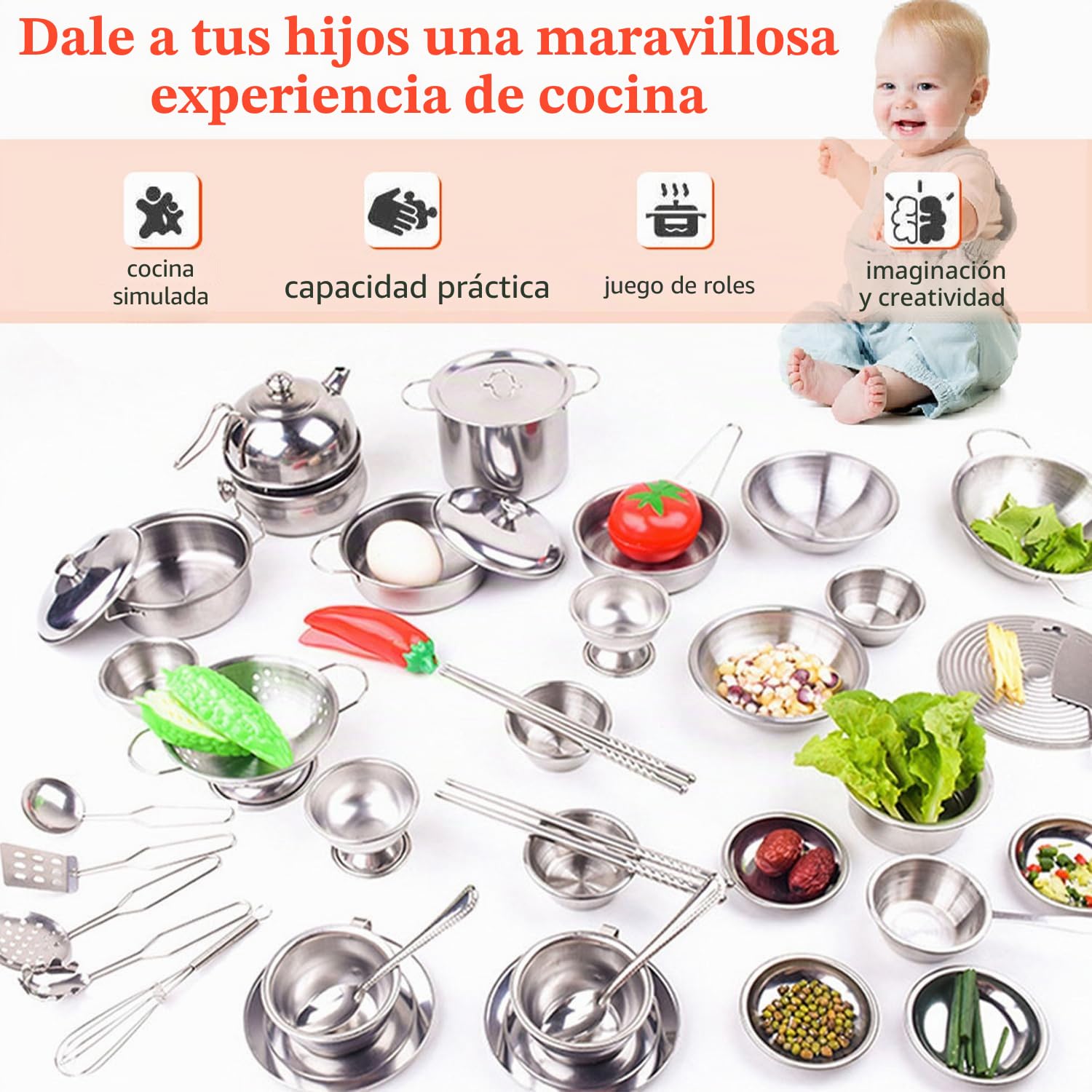 Juego de utensilios de cocina de acero inoxidable, juguetes de cocina, vienen con una práctica caja de almacenamiento, juguetes educativos para niños pequeños (41 piezas)