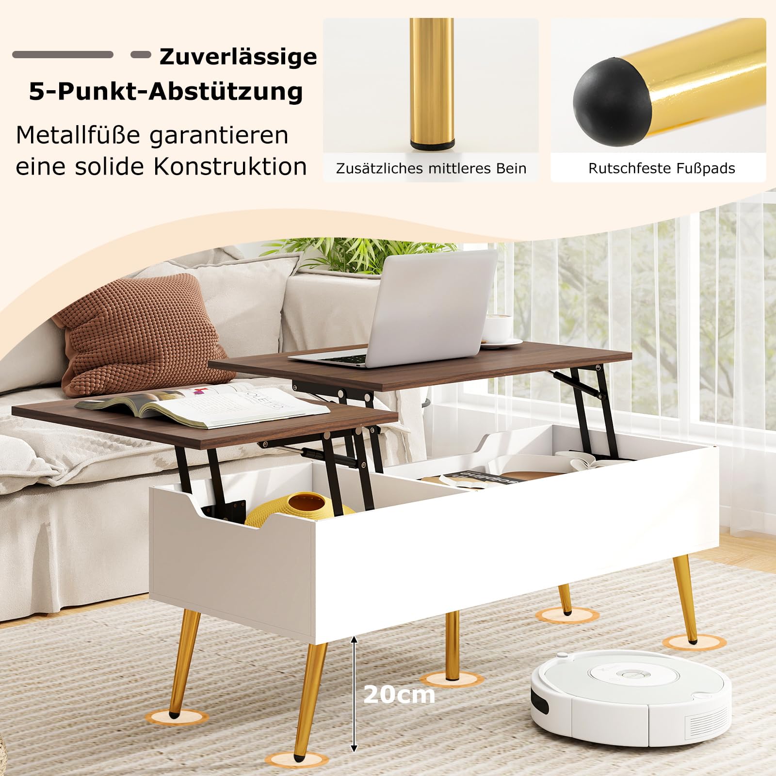 GOPLUS Salontafel in hoogte verstelbaar, uittrekbare koffietafel met verborgen opbergruimte en metalen frame, lift-up banktafel voor woonkamer en kantoor ( walnoot