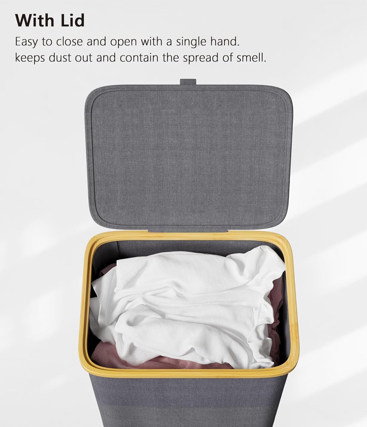 Cesto Ropa Hamper Cesto Plegable para La Colada con Tapa, Cesta para Ropa Asas De Bambú para Dormitorio, Baño, Cuarto Lavado Accesorio Lavandería(Gray)