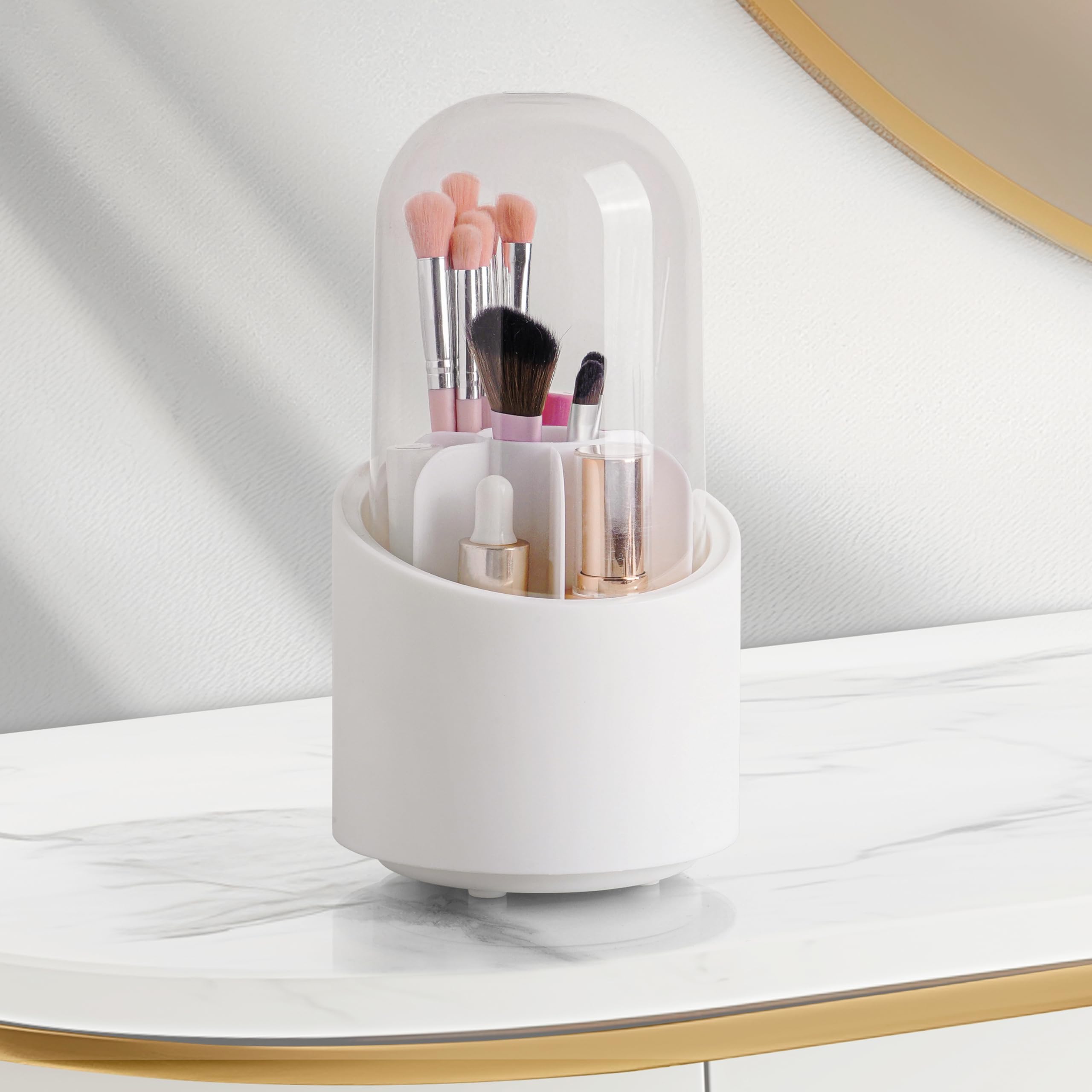 Winter Shore Organizador Brochas Maquillaje - Organizador Giratorio Maquillaje de 360º con Tapa de Plástico Transparente a Prueba de Polvo y Agua - Almacenamiento Productos Cuidado Piel y Cosméticos