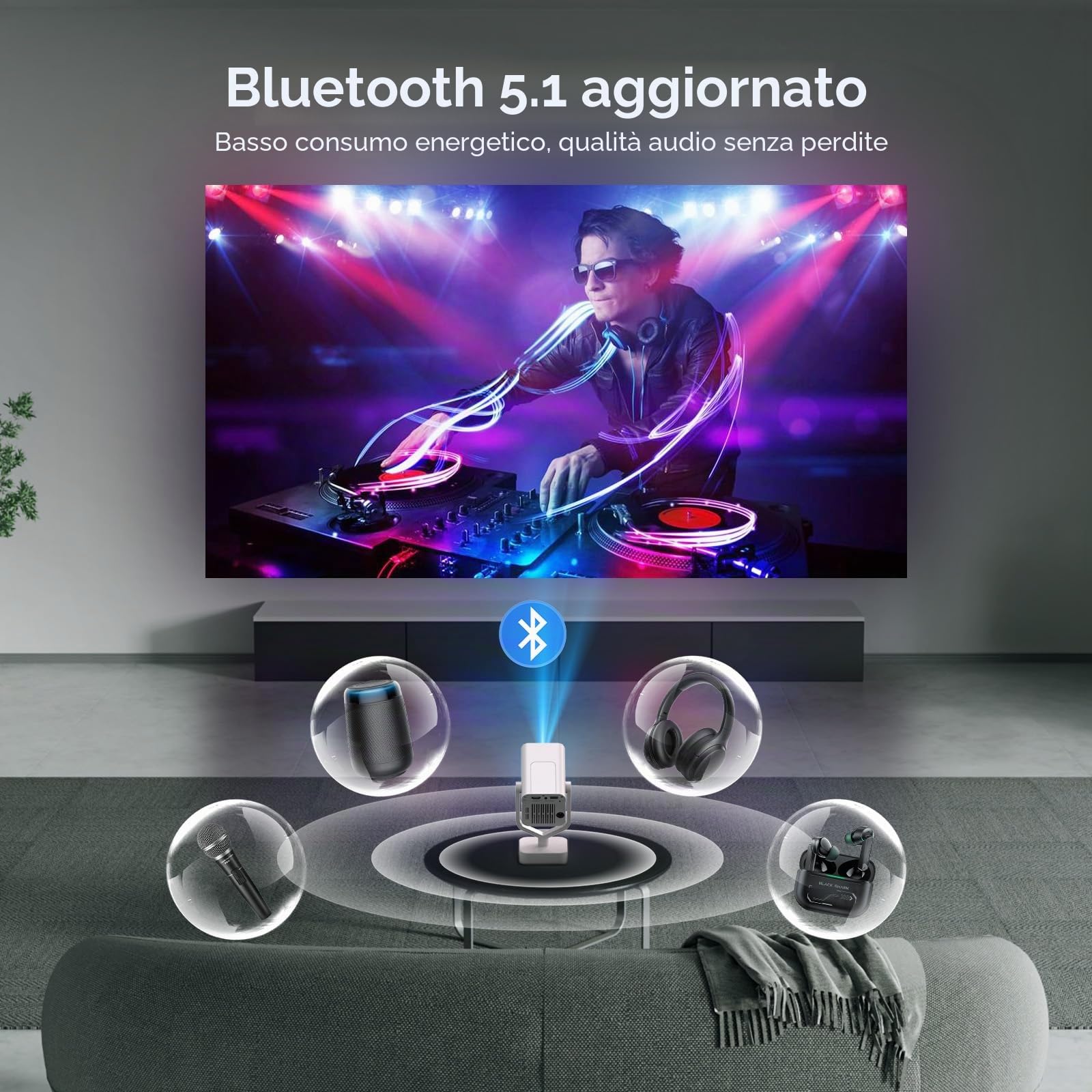 [E-Focus/Auto Keystone] Mini proiettore, Rotazione 210°, Proiettore Portatile Full HD 1080P supporta, Bluetooth WiFi6 AKATUO projector Portatile da esterno/TV Stick