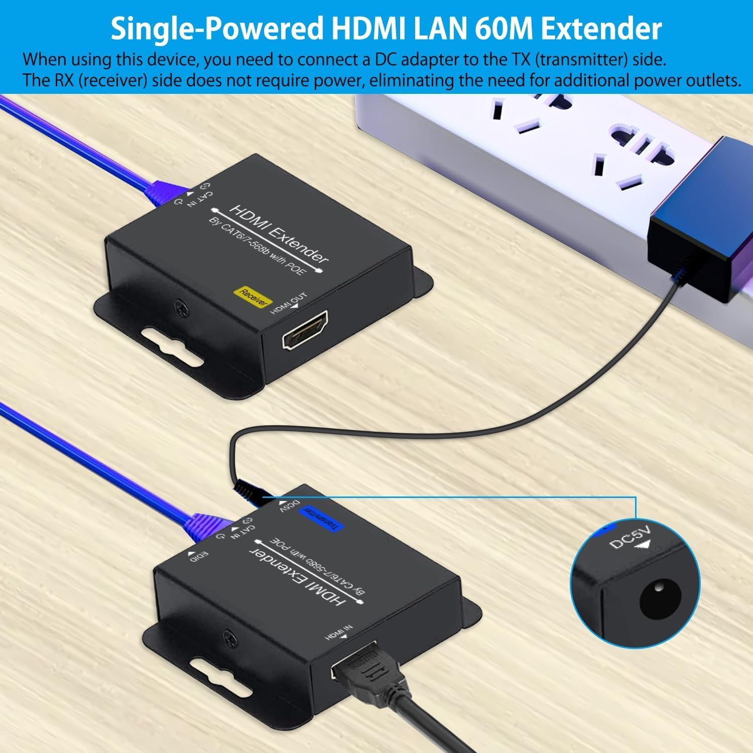 61 m HDMI Extender Over CAT6 CAT7 RJ45 Ethernet a HDMI Converter LAN Extension POC Supporto 1080P 3D EDID Copia Deep Color Compatibile con PC PS4 Roku Unilateral Power Supply