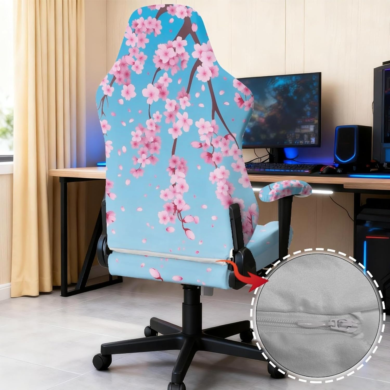 Merkmak Cherry Flower Gaming Chair Covers Set with Armrest Covers Stretchable Office Chair Seat Slipcover with Straps for Home Decor, Gaming Room, Office Furniture Protectors