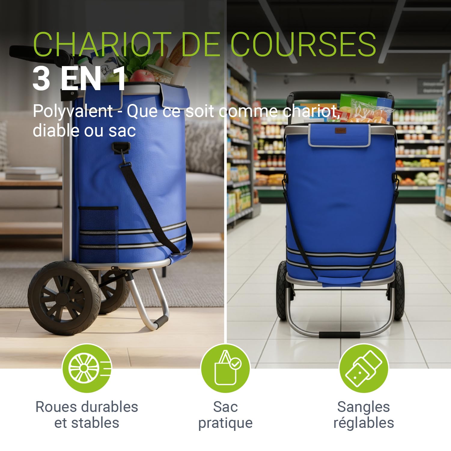 Juskys Chariot de Courses 3 en 1 avec 2 Roues pour Le Shopping - Sac Amovible de 56 L - Chariot Pliable & Moderne - Chariot de Courses Bleu foncé