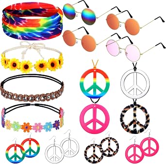 Remuuly 16 Pcs Hippie Costume Accessories for Women 60s 70s Accessory Set Headband Hippie Sunglasses Peace Sign Earrings and Necklace Jewelry Outfits Men Women Costume Party Supplies