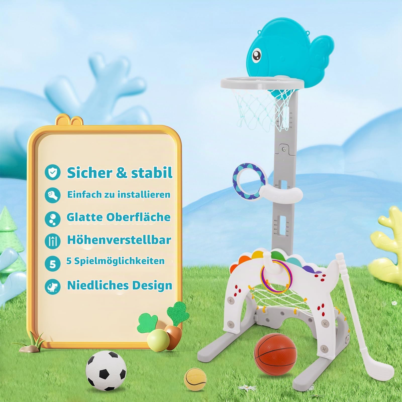 5IN1 Basketballkorb Kinder Höhenverstellbar 95-135cm, Basketball Korb Outdoor&Indoor Kinder.Spielzeug Ab 3 Jahren,Mini Basketballkorb.Outdoor Kinder Mit Fußballtor,Golf,Wurfspiel Und Ringwurf.