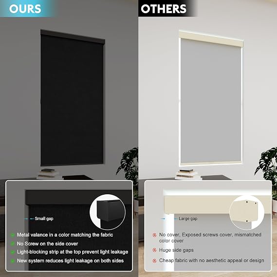 Blackout Roller Shades, Cordless Roller Blinds for Windows, Thermal Insulated Fabric Window Shades UV Protection for Home, Office, Bedroom, Door, Black, 34