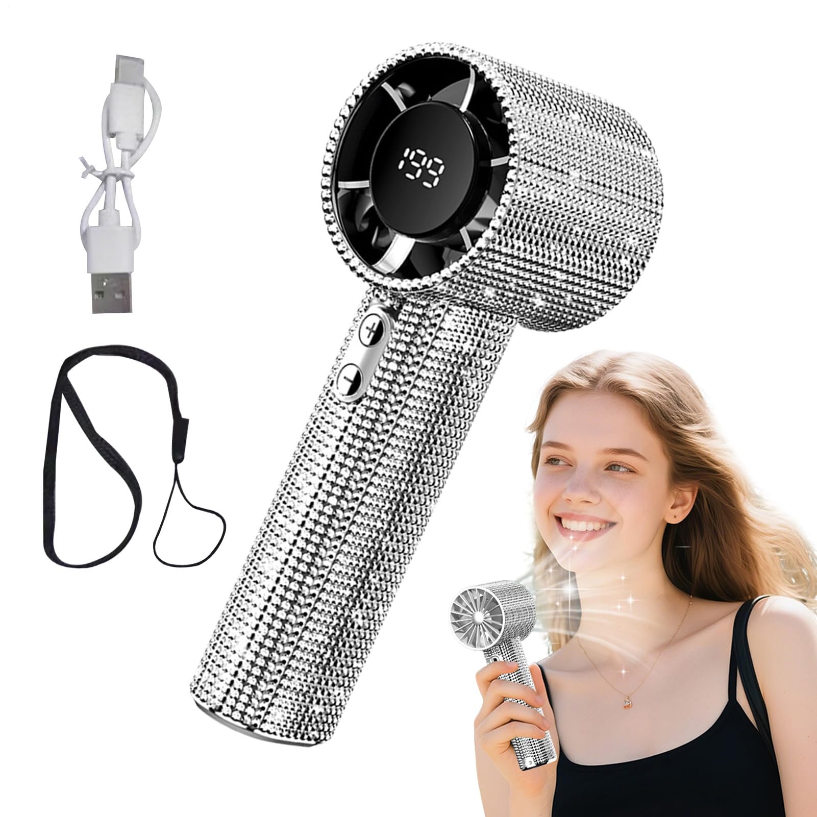Ventilateur de main orné de strass avec écran digital et finitions de luxe