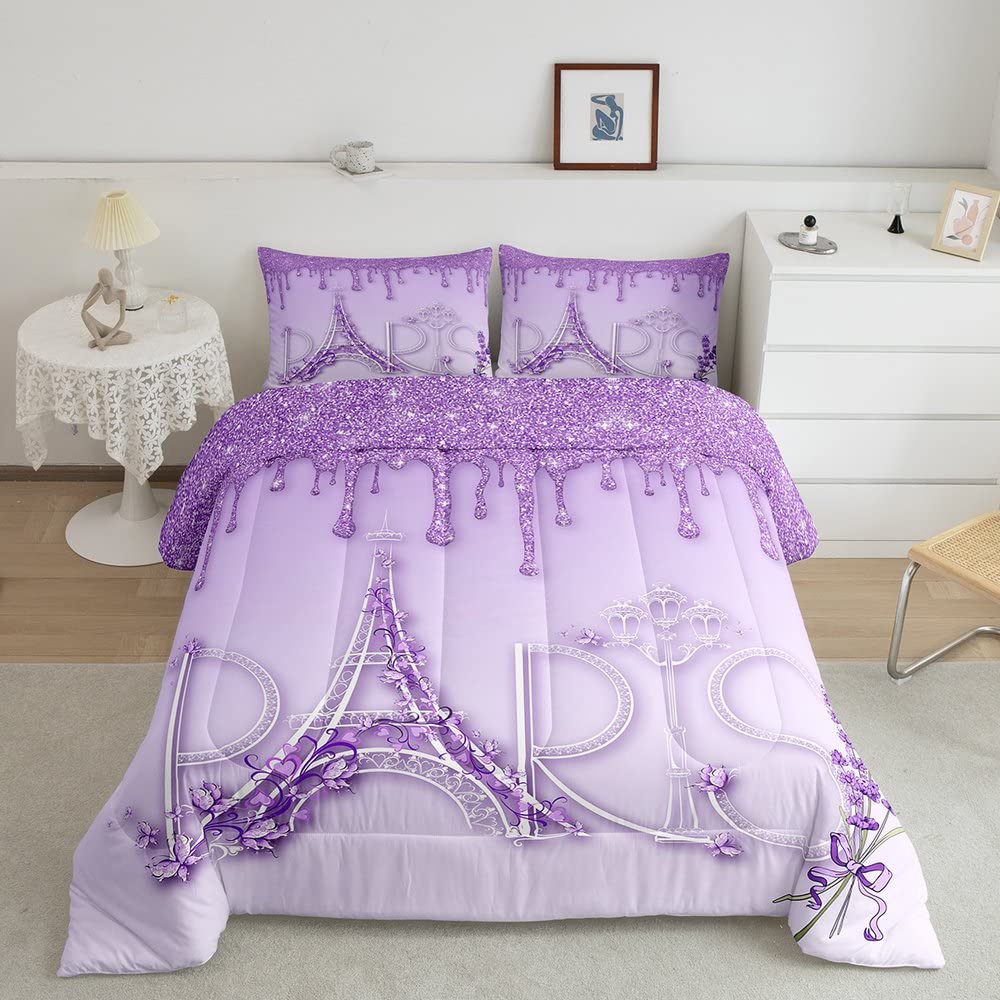 Paris Lavender Bedding Set Queen Size,Eiffel Tower Comforter Set 3pcs for Kids Teens Girls Women Room Decor,Purple White Gradient Glitter Quilt Set Modern Romantic French Duvet Insert,2 Pillowcases
