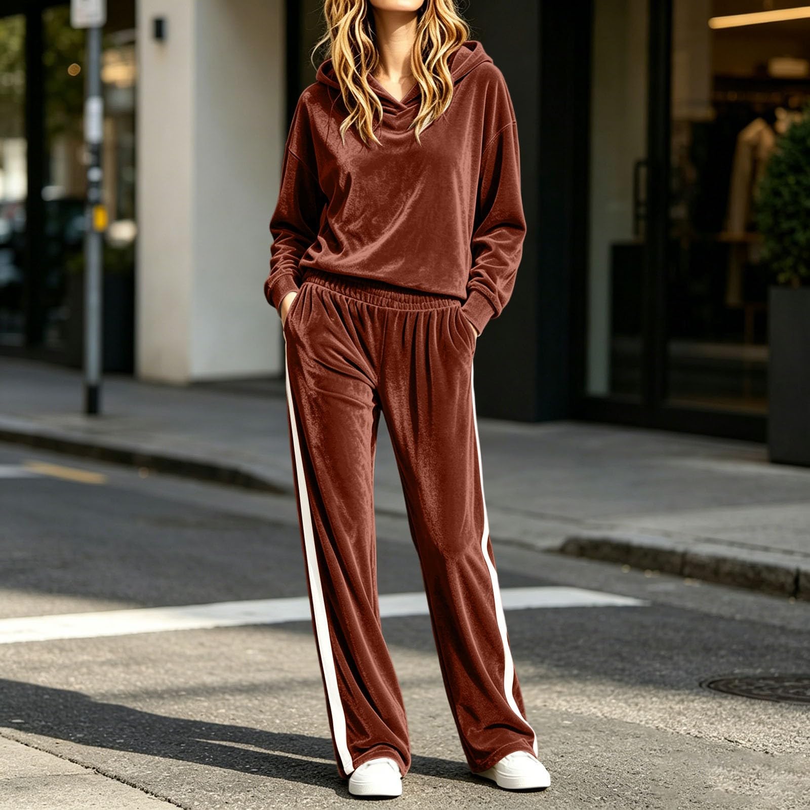 Completo casual a due pezzi composto da maglione ampio e pantaloni colorati.