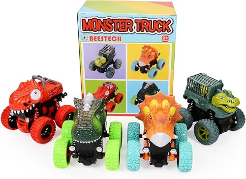 Miniatura 7 de Beestech Juguetes de dinosaurio para niños de 2, 3, 4, 5 años, empujan y tiran, impulsados por fricción de dinosaurio, camiones monstruos, vehículos