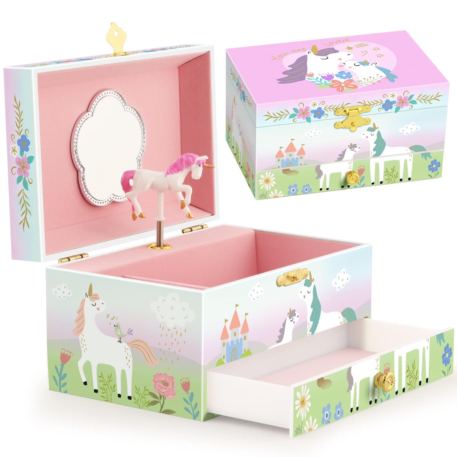 RR ROUND RICH DESIGN Music Jewelry Box for Girls with Big Drawer Foil Gold Unicorn Theme Spinning Playback the Tune for Beautiful Dream Song Pink-Green