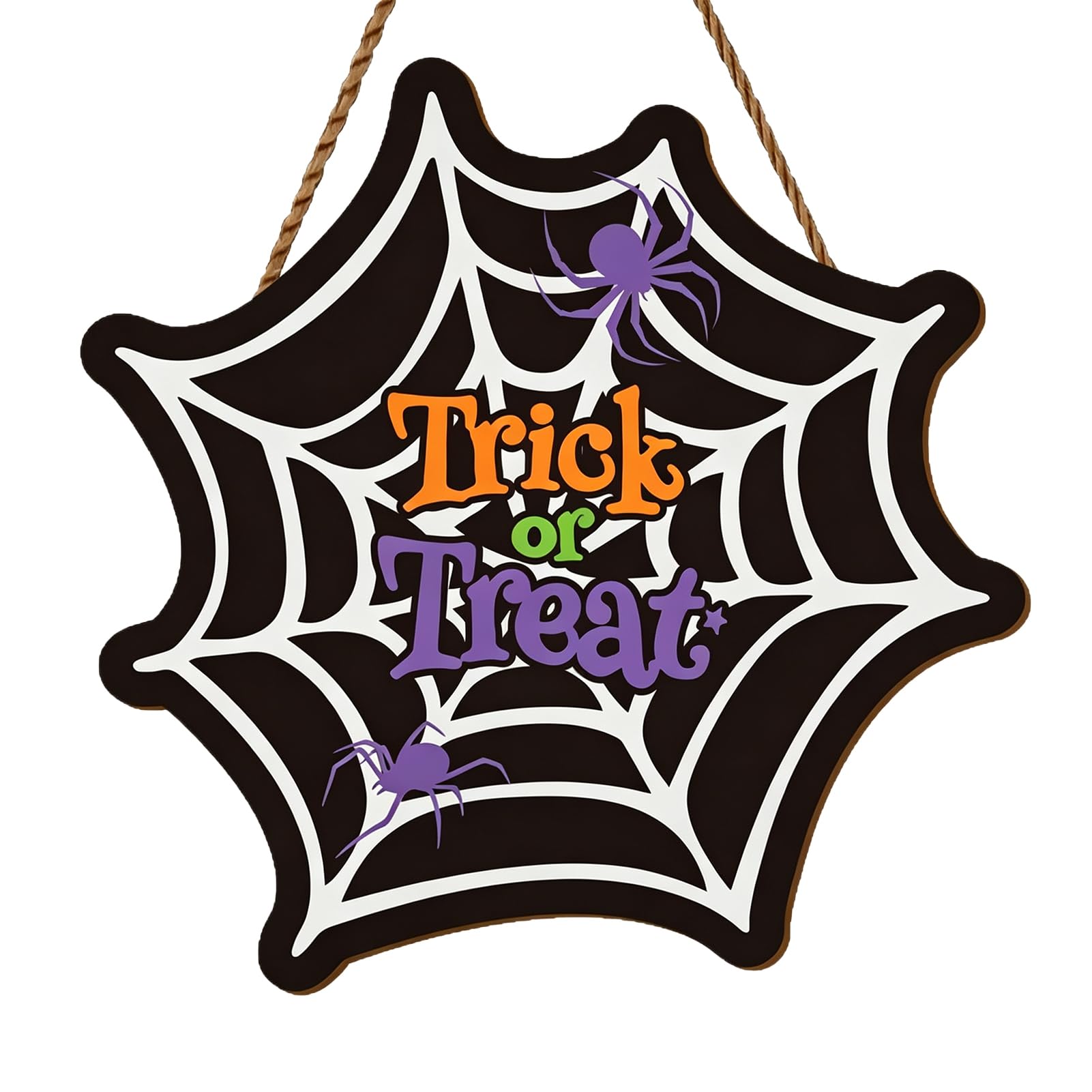 Wooden Halloween Door Hanger, Spider Web Plaque – Rustic Trick-or-Treat Entryway Sign with Hemp RopeA