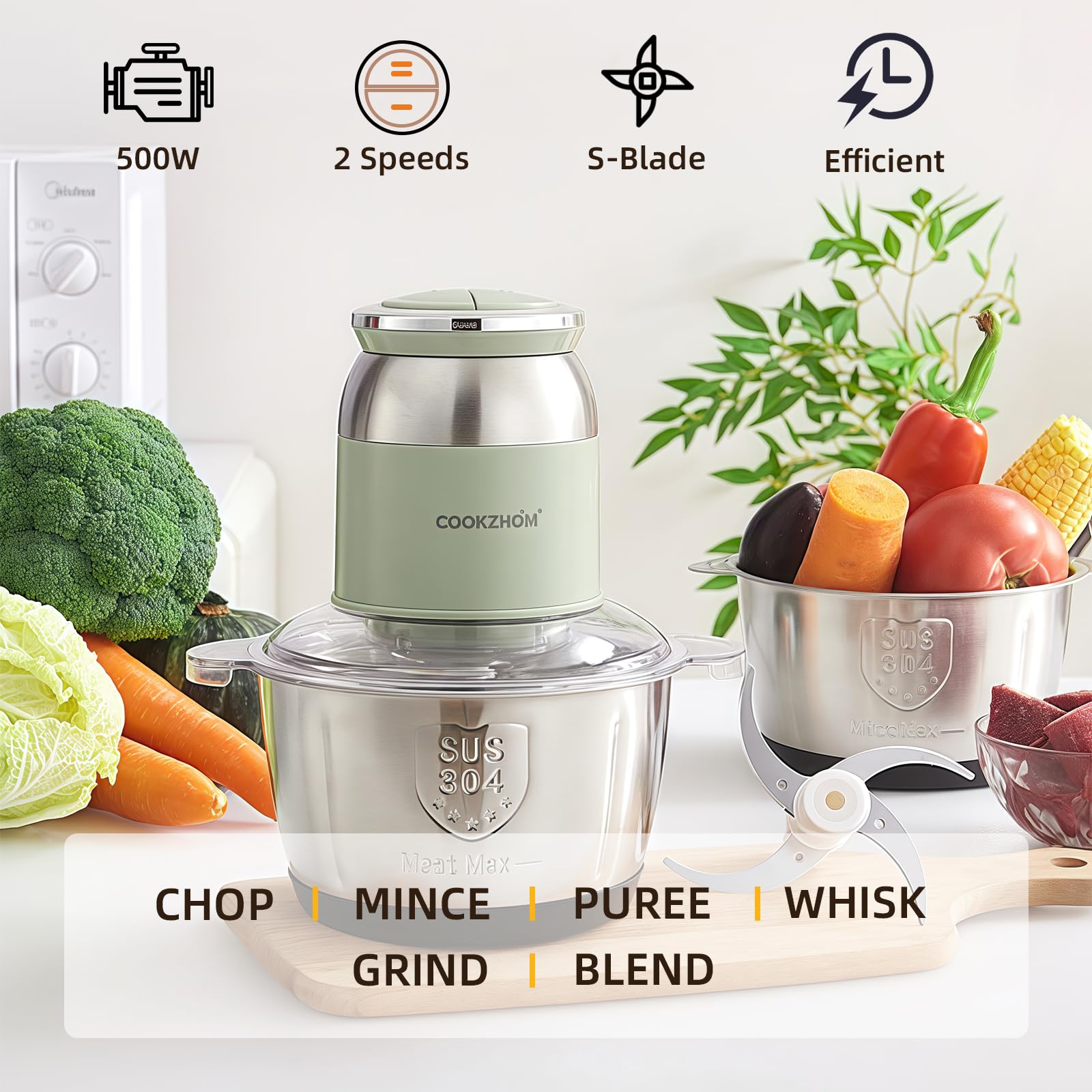 Procesador de alimentos verdes, picadora de carne eléctrica de 500 W con tazón de acero inoxidable de 8 tazas y 4 cuchillas afiladas, picadora de alimentos y picadora de verduras para uso 5