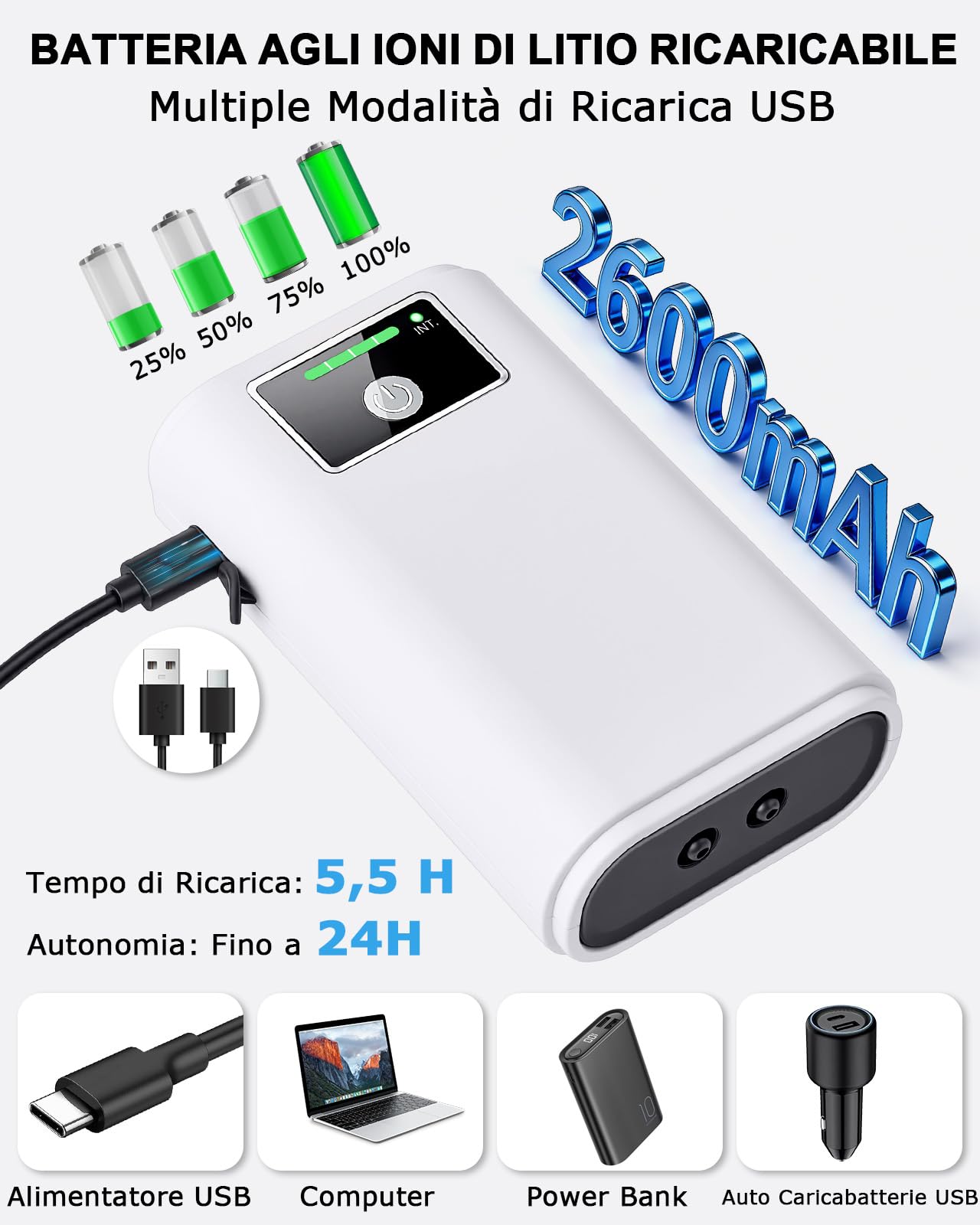 Aeratore Acquario, Pompa Acquario Portatile Ossigenatore Per Acquario USB gorgogliatore 2600mAh, due modi di alimentazione del gorgogliatore 1.5-2L/min*2