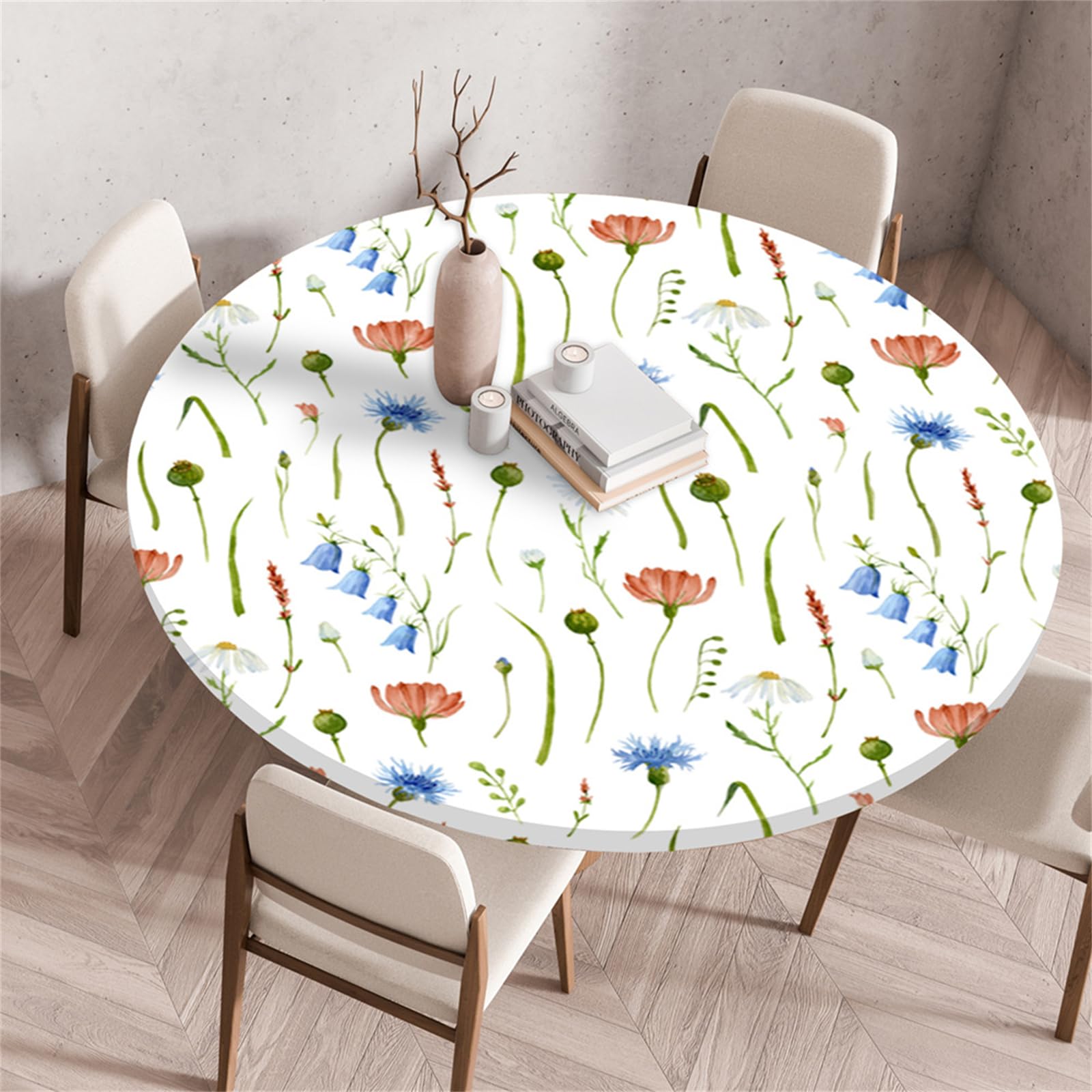 Muiuou Round Tablecloth, Flower Printing Reusable Wipeable Waterproof Oil-Proof Elastic Edged Circle Tablecloth, Fitted Kitchen Restaurant Picnic Home Decoration (Diameter 80cm,Style 15)