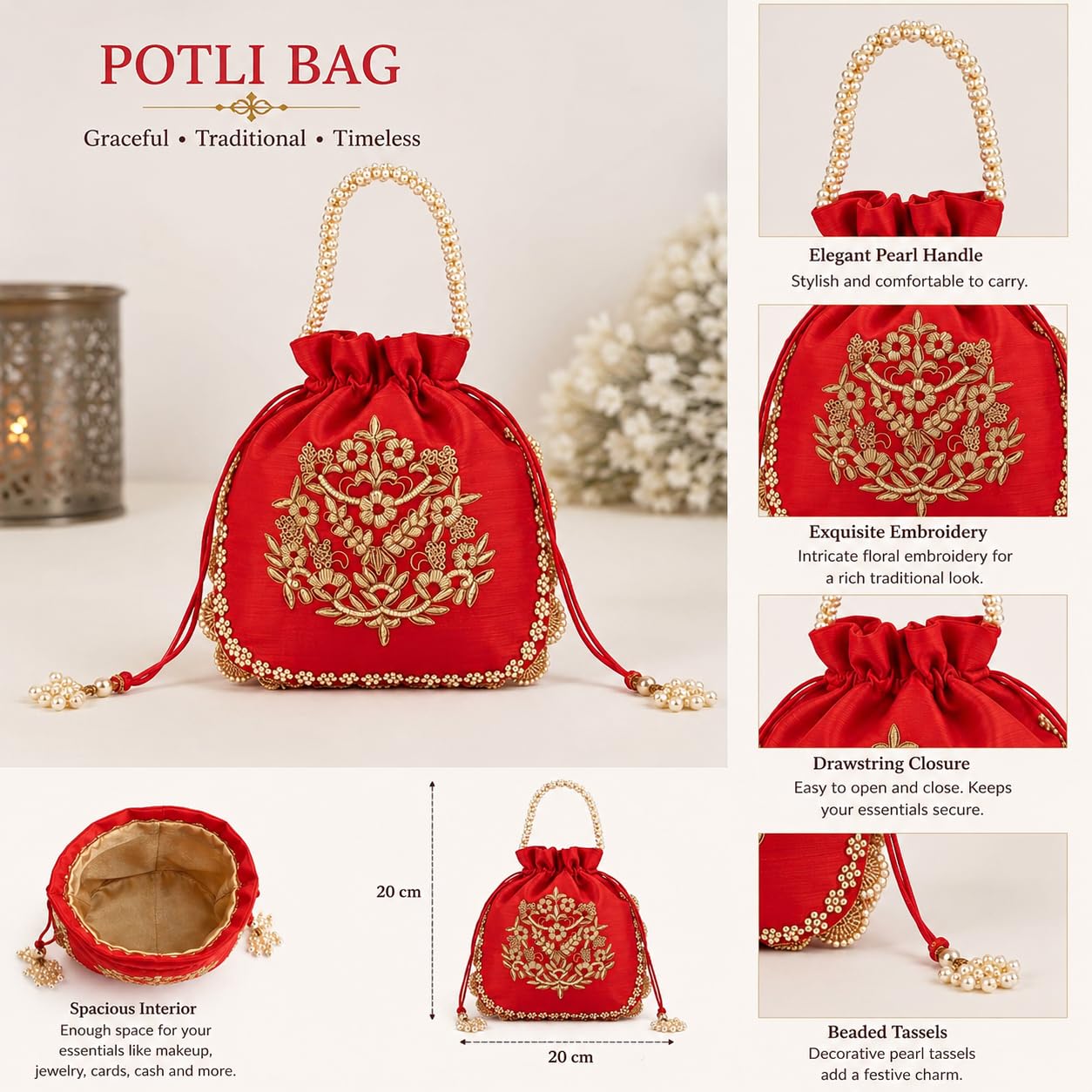Amayra Luxe Satin Double Buta Handcrafted Potli Bag for Women β Traditional Drawstring Ethnic Purse for Wedding & Festive Occasions (Red) 1