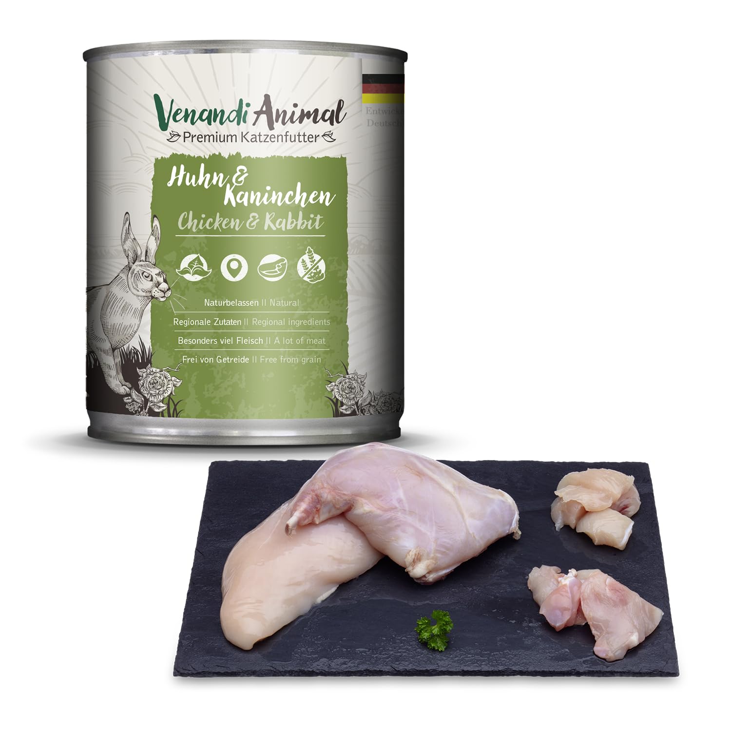Venandi Animal Premium cibo umido per gatti, confezione di prova III, pollo, tacchino, manzo, pollo + coniglio, vitello, tacchino, 6 x 800 g, senza cereali e naturale, 4.8 kg