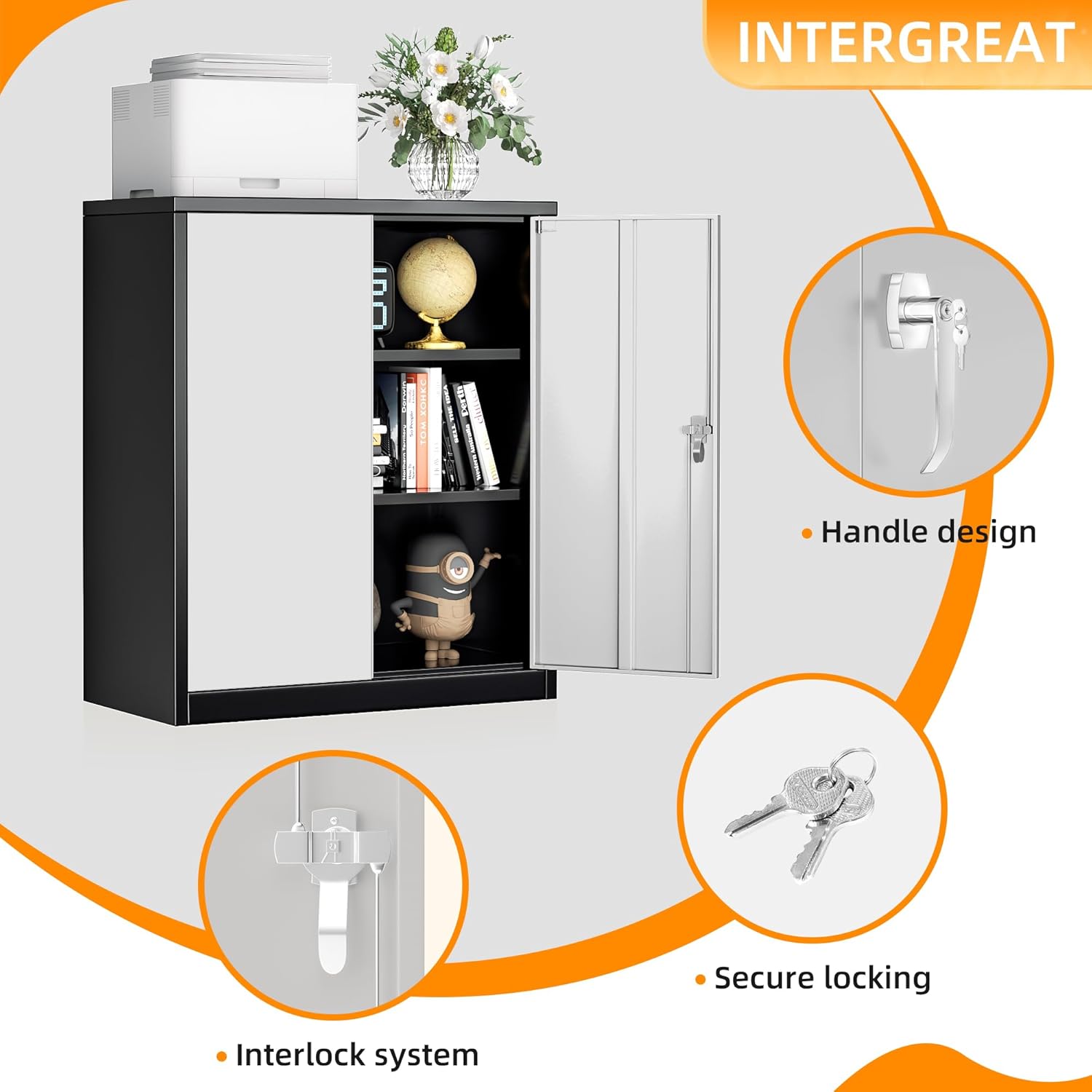Black and Gray Lockable Metal Storage Cabinet with Shelves