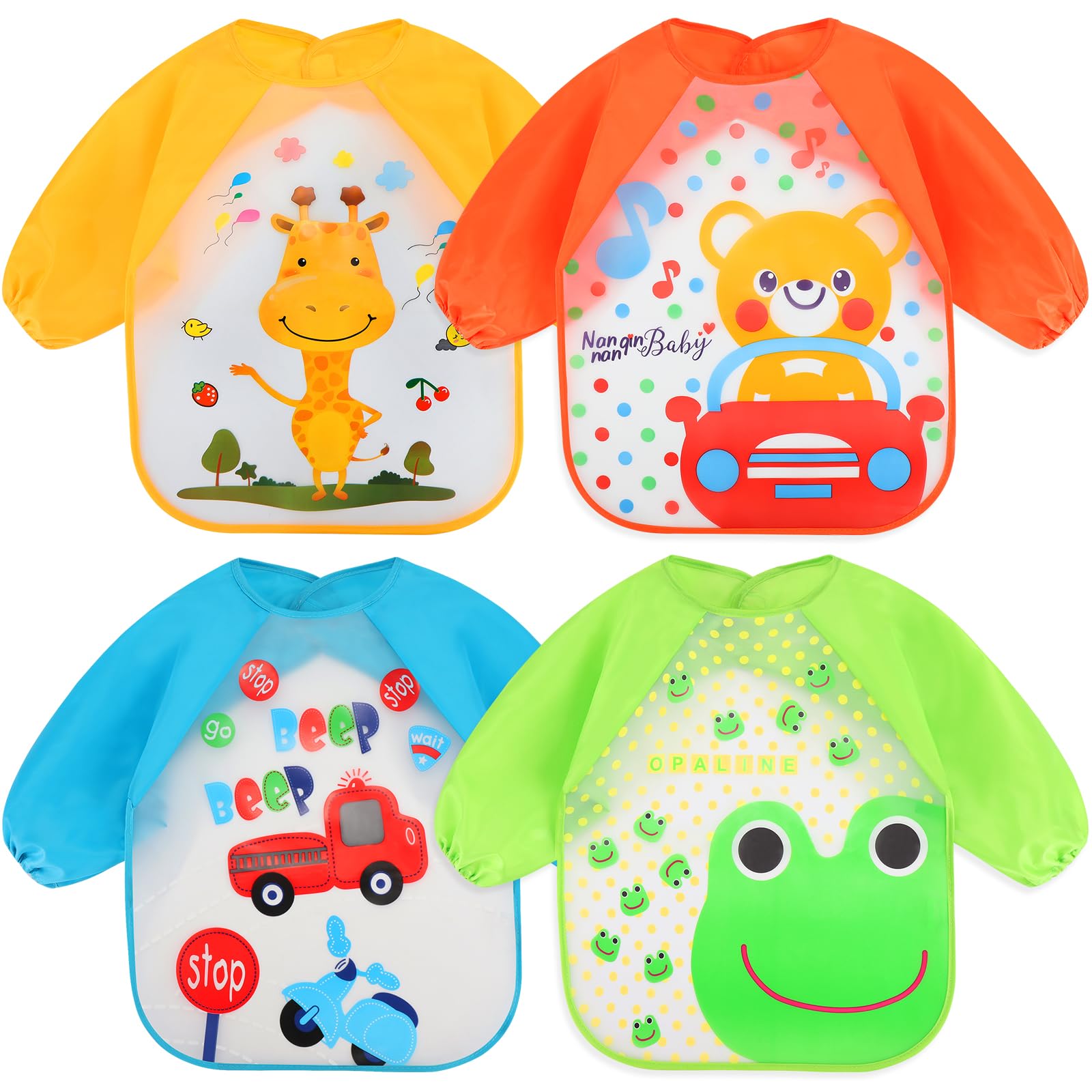 Accmor 4 Pack Long Sleeve Baby Bibs, Waterproof Sleeved Bib, Toddler Baby Girls Boys Smock Bibs for 6-36 Months