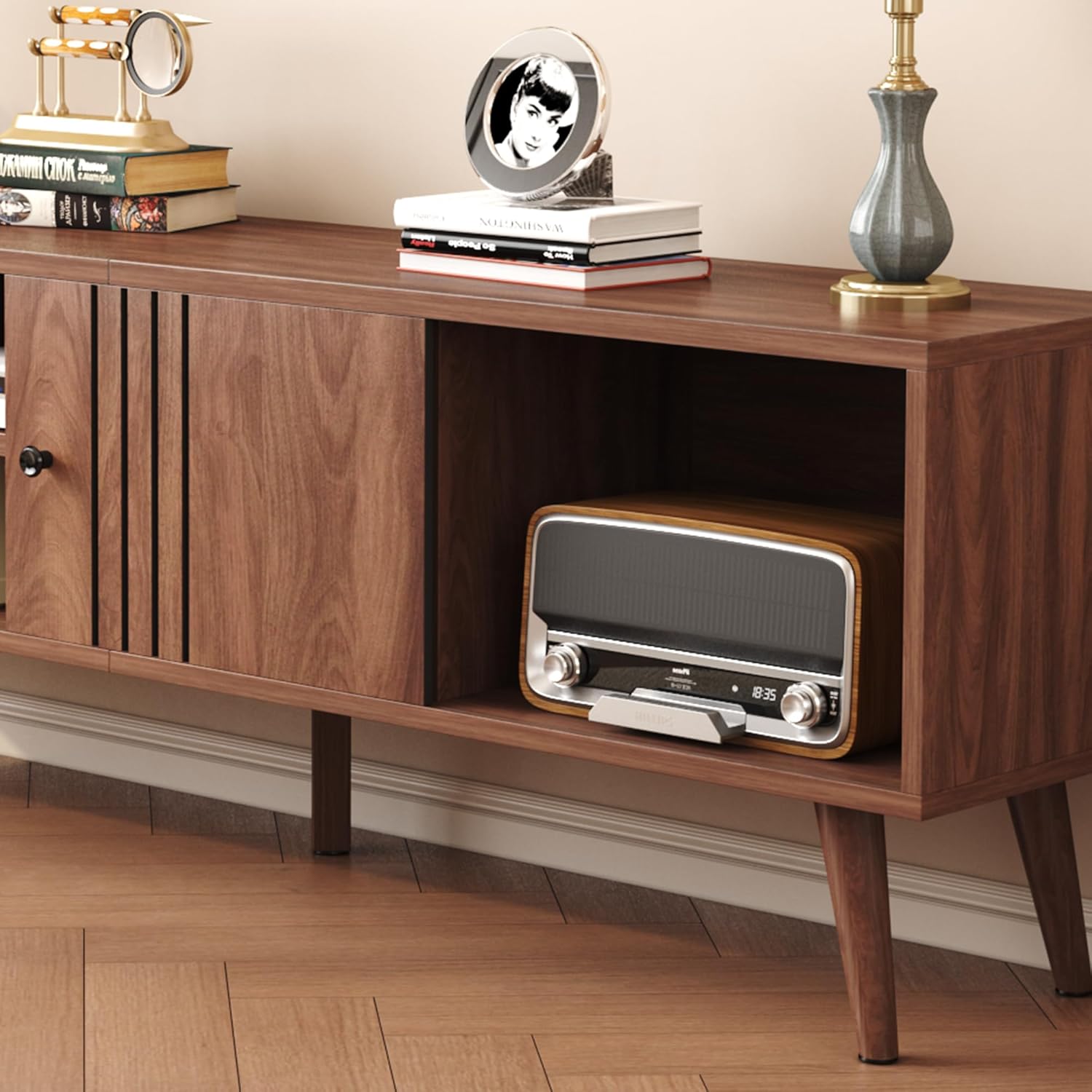 HOMEFORT TV Stand for 65/60/55 Inches, Mid-Century Modern TV Stand with Storage,Media Console Table,Entertainment Center with Sliding Door for TVs up to 65",for Bedroom,Living Room (Walnut)