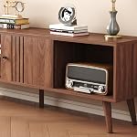 HOMEFORT TV Stand pour 65/60/55 pouces, Mid-Century Modern TV Support avec rangement, Table Console Média, Centre de divertissement avec porte coulissante pour les téléviseurs jusqu'à 65",pour Chambre,Salle de séjour (Walnut)