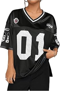 GORGLITTER Women\'s Letter Graphic Loose Jersey Oversized T Shirts V Neck Half Sleeve Mesh Streetwear Tops