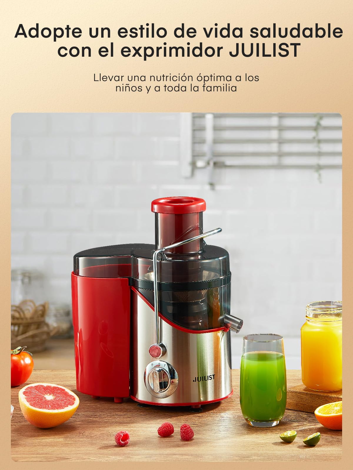 Juilist Licuadora para Verduras y Frutas, Canal de Alimentación de 65 mm, 3 Posiciones, con Cepillo de Limpieza, Fácil de Limpiar, Sin BPA, Rojo