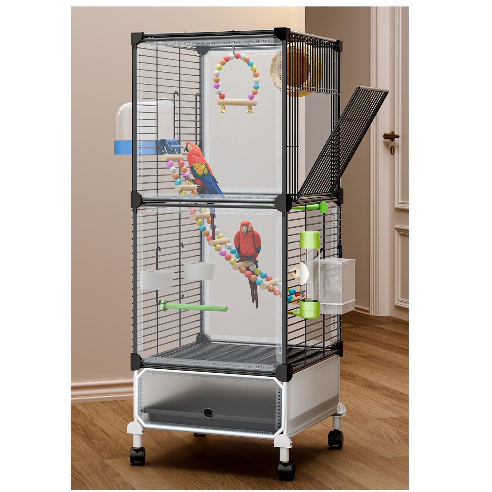 38 Inch Grande Gabbia Voliera Per Uccelli Pappagalli Con Ruote, Doppio Strato Canarini Voliera Per Uccelli Con Vassoio, Interieur Gabbia Uccelli Per Perroquets(Black Transparent,6 piece set)