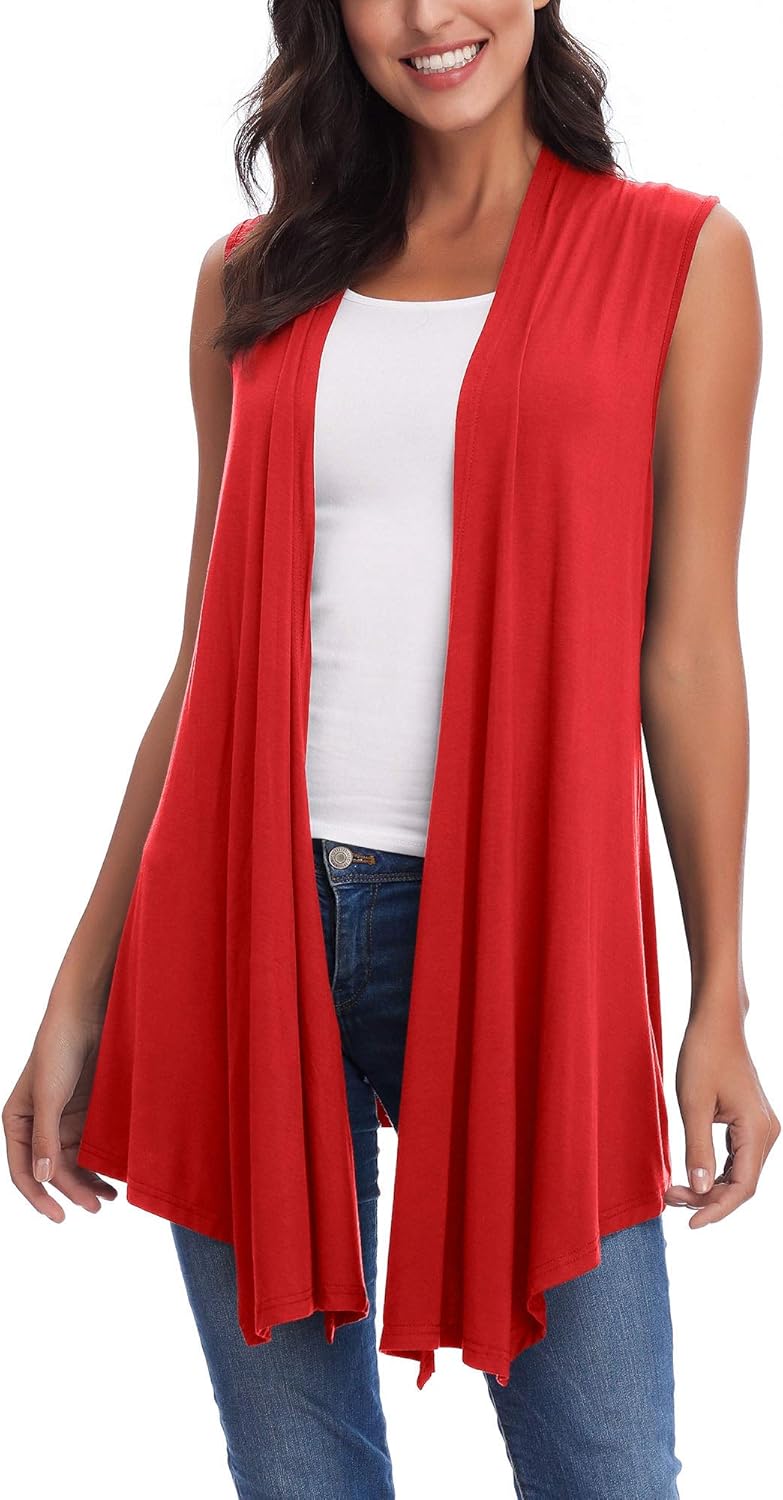 Womens Sleeveless Open Front Draped Asymmetric Hem Cardigan Vest Red Small