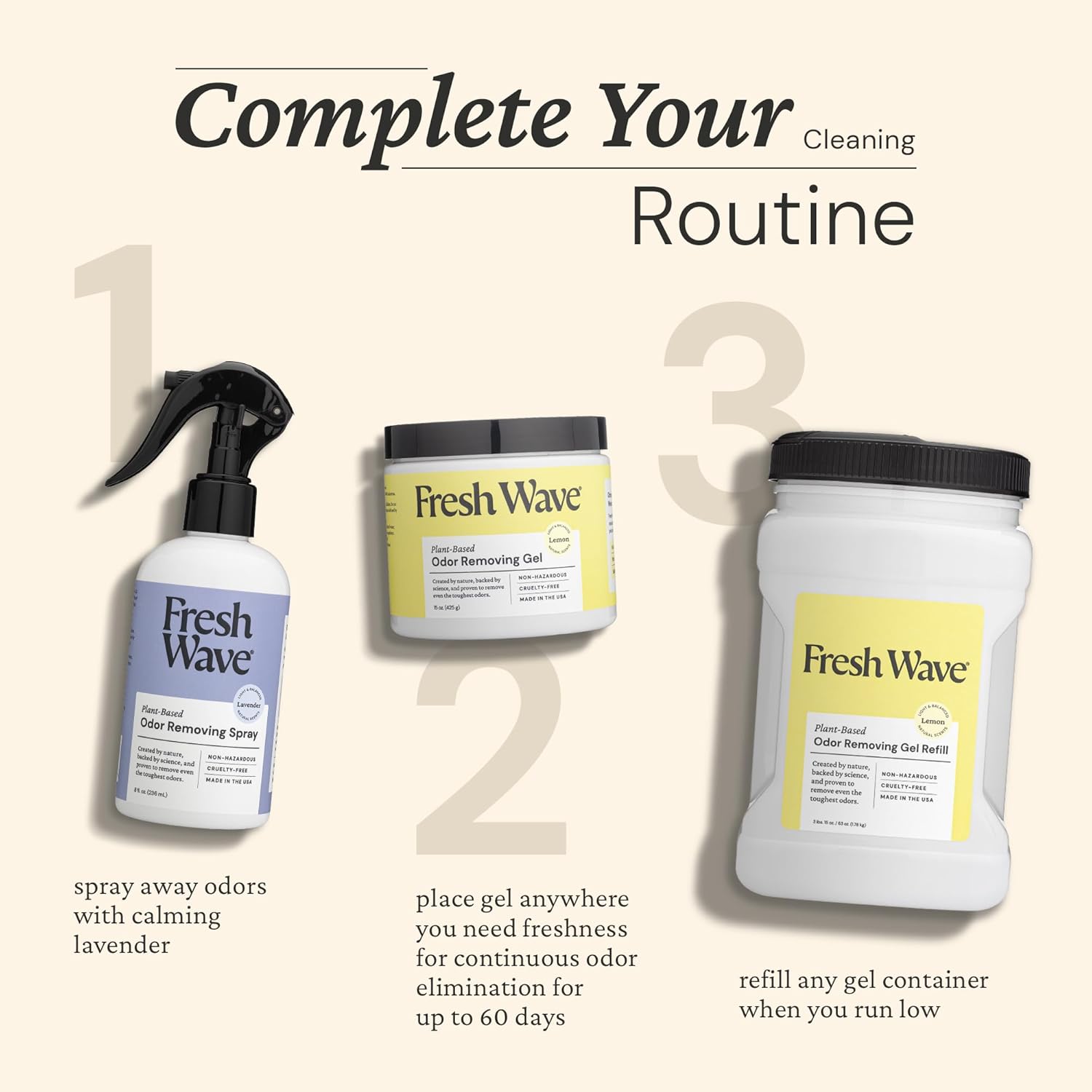 Fresh Wave Odor Removing Lavender Variety Bundle: (1) 8 fl.oz. Spray, (1) 6ct Packs, (1) 15 oz. Gel