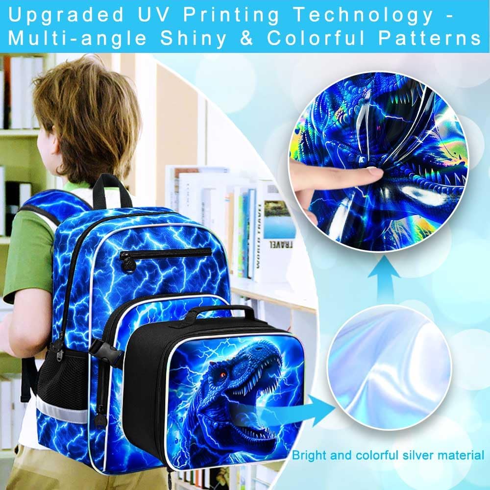 UFNDC Lightning Dinosaur Backpack for Boys, 3PCS Kids Bookbag Set with Clip-On Lunch Box, 17” Water Resistant School Bag for Elementary Preschool Toddler, CLIP & GO!