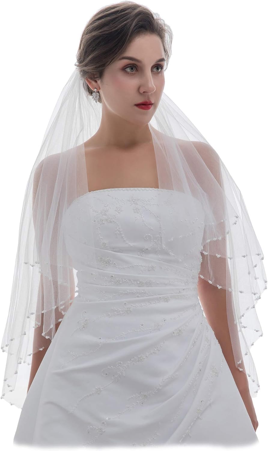 SAMKY 2T 2 Tier Crystal Pearl Beaded Bridal Wedding Veil with Comb Elbow Fingertip Length for Bride