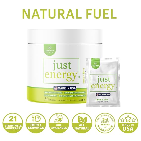 Just Energy Drink Powder, Refreshing Lemon Lime Energy Drink Mix with 21 Energy-Boosting Ingredients, Includes B Vitamins, Choline, Zinc, Chromium and Inositol, 30 Servings