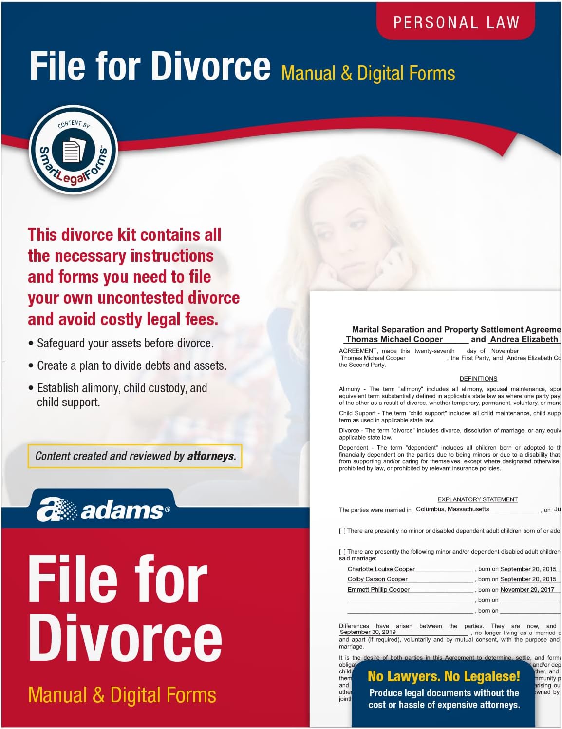 Adams Divorce Kit, Downloadable Forms and Instructions, Details on Packaging, Divorce Forms for All 50 States (K302)