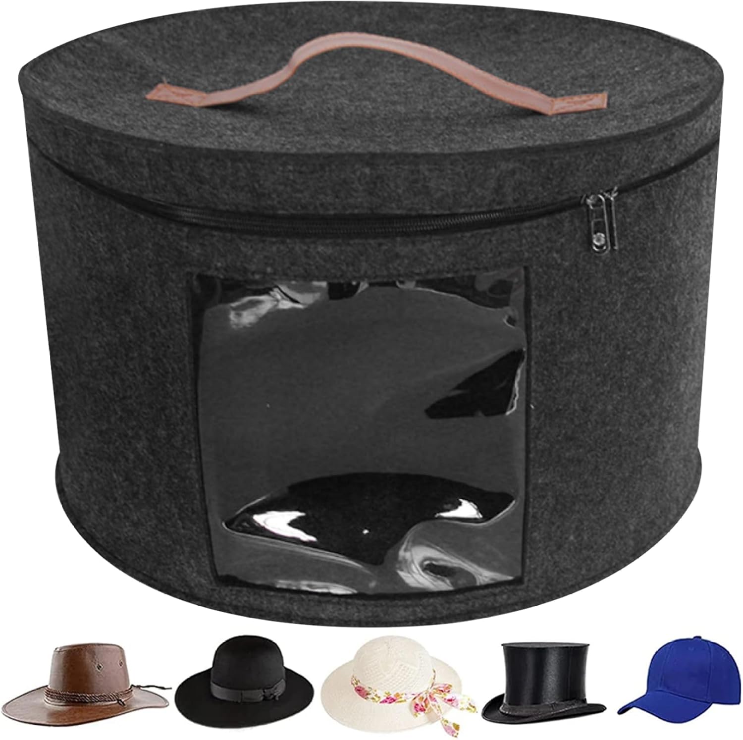 Cowboy Hat Box Hat Organizer, 16.9x10.2 Inch Felt Cowboy Box with Clear Side Window, Foldable with Zipper Closure for Wide-Brim Hats, Hats