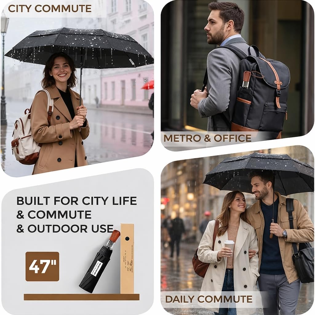 Windproof Folding Commuter Umbrella for Strong Wind & Rain, 10-Rib Reinforced Frame, 3-Layer Vented Canopy, Auto Open/Close, 47" Coverage for 1–2 People, Wooden Handle, 13" Folded, Lifetime Replacement
