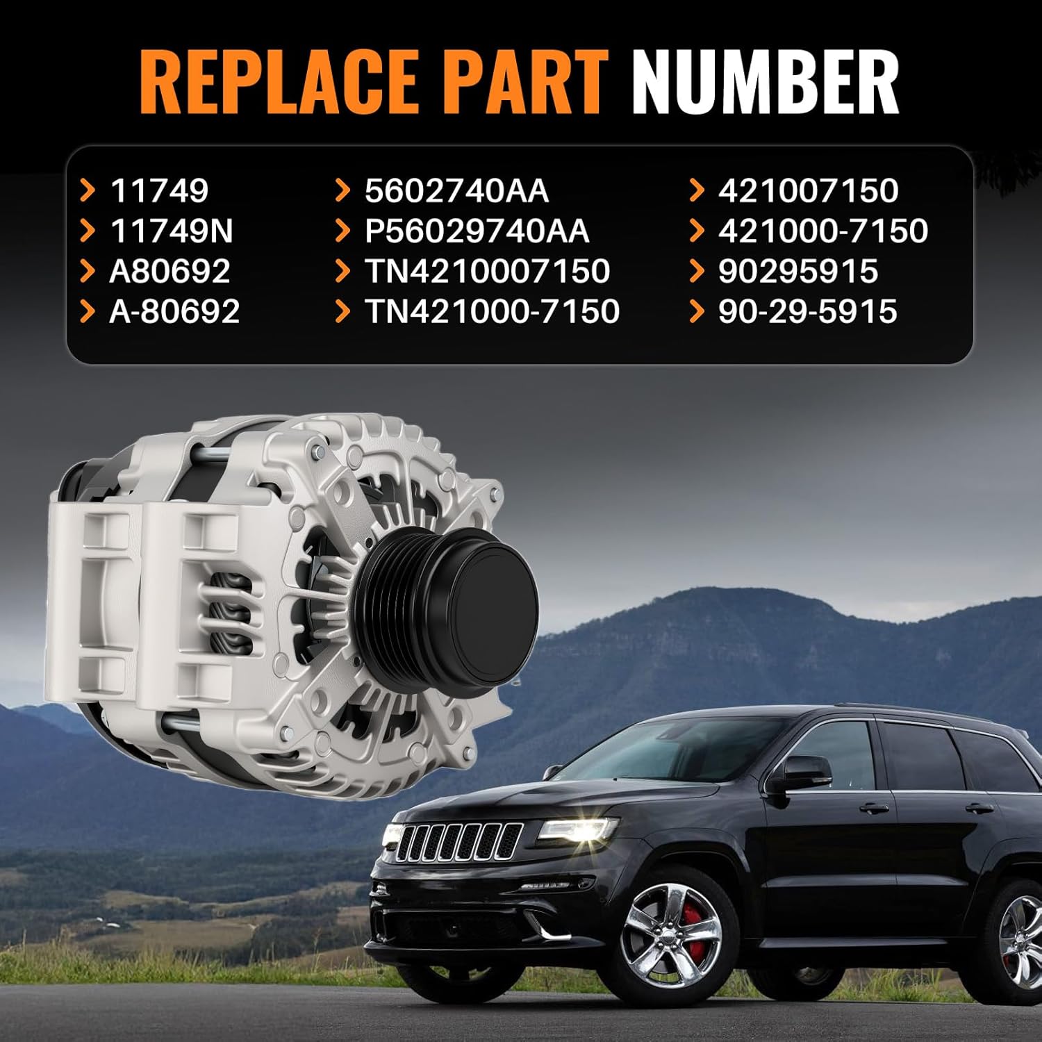4210007150 New Alternator Compatible with 2014-2022 Jeep Cherokee V6 3.2L 12V 180A 6-Groove Decoupler Pulley Clockwise Replace P56029740AA TN4210007150 11749N 90295915
