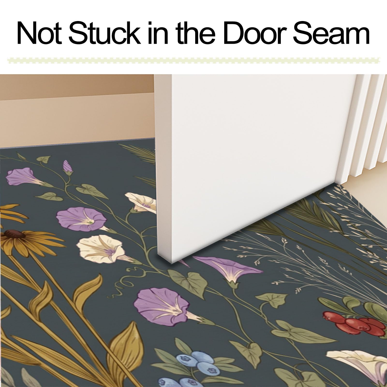 60X90Cm Zerbino Ingresso Interno Antiscivolo Assorbente, Tappeto Microfibra Sottile Lavabile Con Silhouette Retrò Fiori Selvatici Piante Naturali Rurali Per Cucina Bagno Porta Animali, Antracite