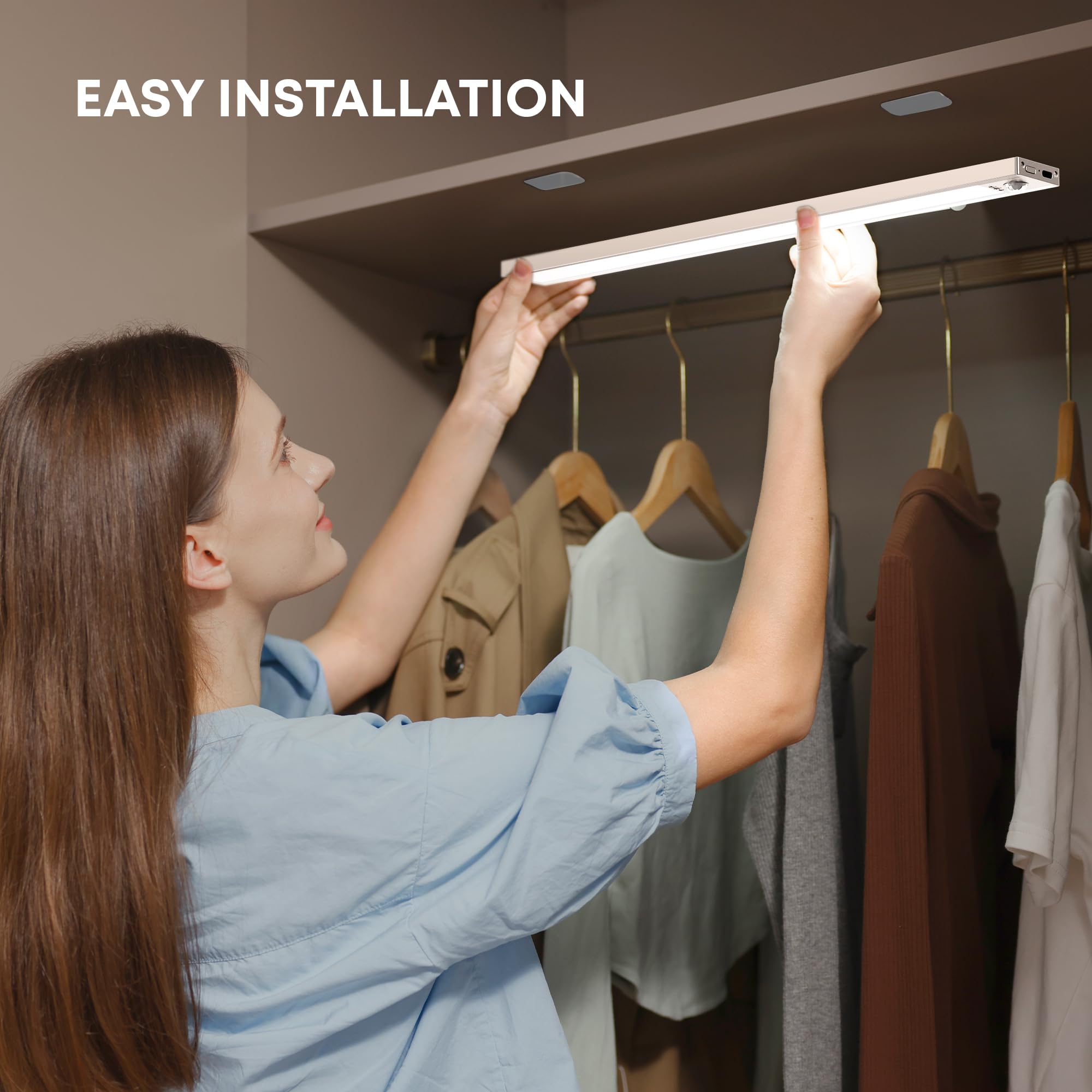 LROLTEF Under Cabinet Kitchen Lights Motion Sensor Dimmable 60cm 4400mAh 6500K LED Under Counter USB-C Rechargeable Wardrobe Sensor Indoor Night Light for Kitchen Shelf Stairs Closet 1 Pack - Image 2