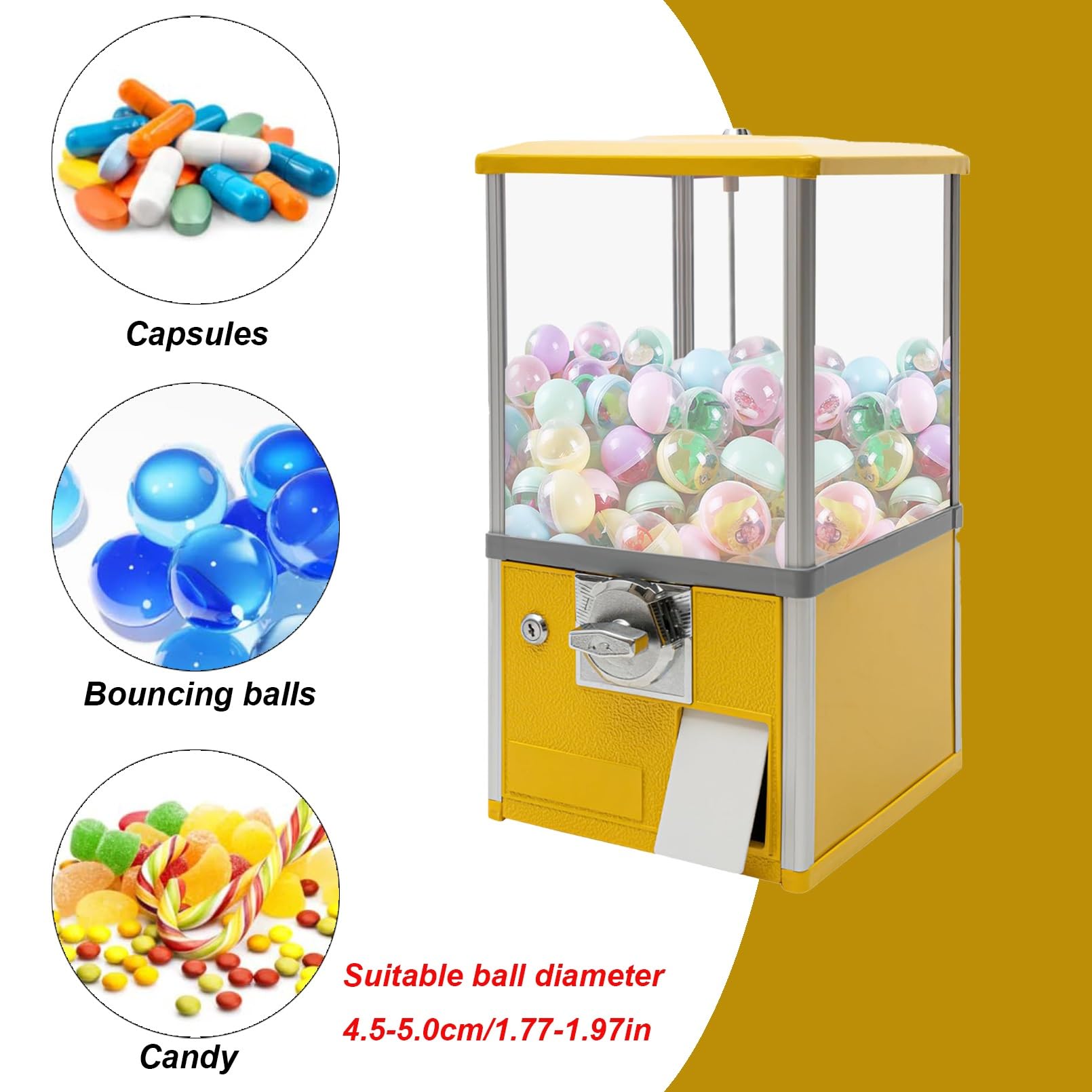 Verkaufsautomat mit Münzeinwurf,Kommerzielle Süßigkeiten Gumball Maschine,Kapselautomat mit Schlössern,Kommerzieller Kaugummiautomat für Süßigkeiten,für Runde Kapseln, Gummibälle(Yellow,1 EUR/One Time