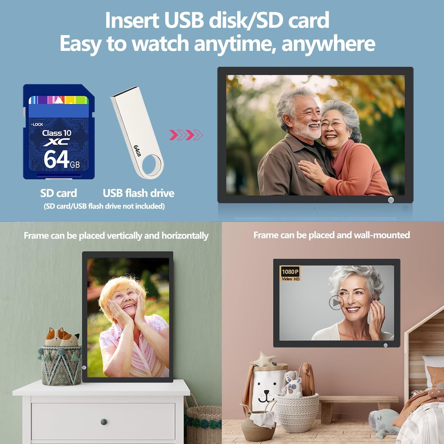20" Digital Picture Frame USB, IPS Screen 1920x1080 Digital Photo Frame Slide Show for Gifts Compatible with 64GB USB Flash Drive SD Card Slot, Support Music Video Motion Sensor with Romote Control