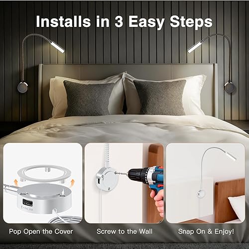 Miniatura 8 de VST Luces de libros para cabecero, lámpara de lectura montada en la pared de la mesita de noche, luz de lectura táctil para ajustar la temperatura