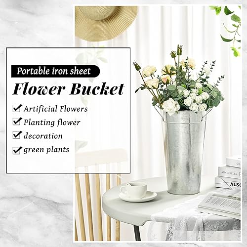 Miniatura 9 de Zubebe 8 piezas de 13.8 pulgadas galvanizado floreros de metal para flores, cubo rústico de flores francesas con asa para centros de mesa de boda,