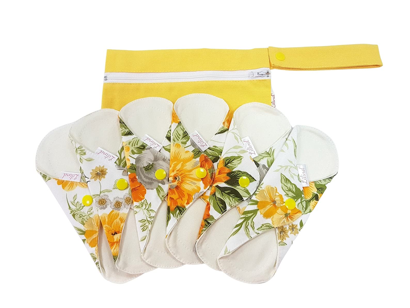 Lilind® Paquete de 6 almohadillas de tela orgánica de 9 pulgadas, juego de inicio, bolsa húmeda con cremallera, servilletas sanitarias menstruales reutilizables impermeables, 100% algodón