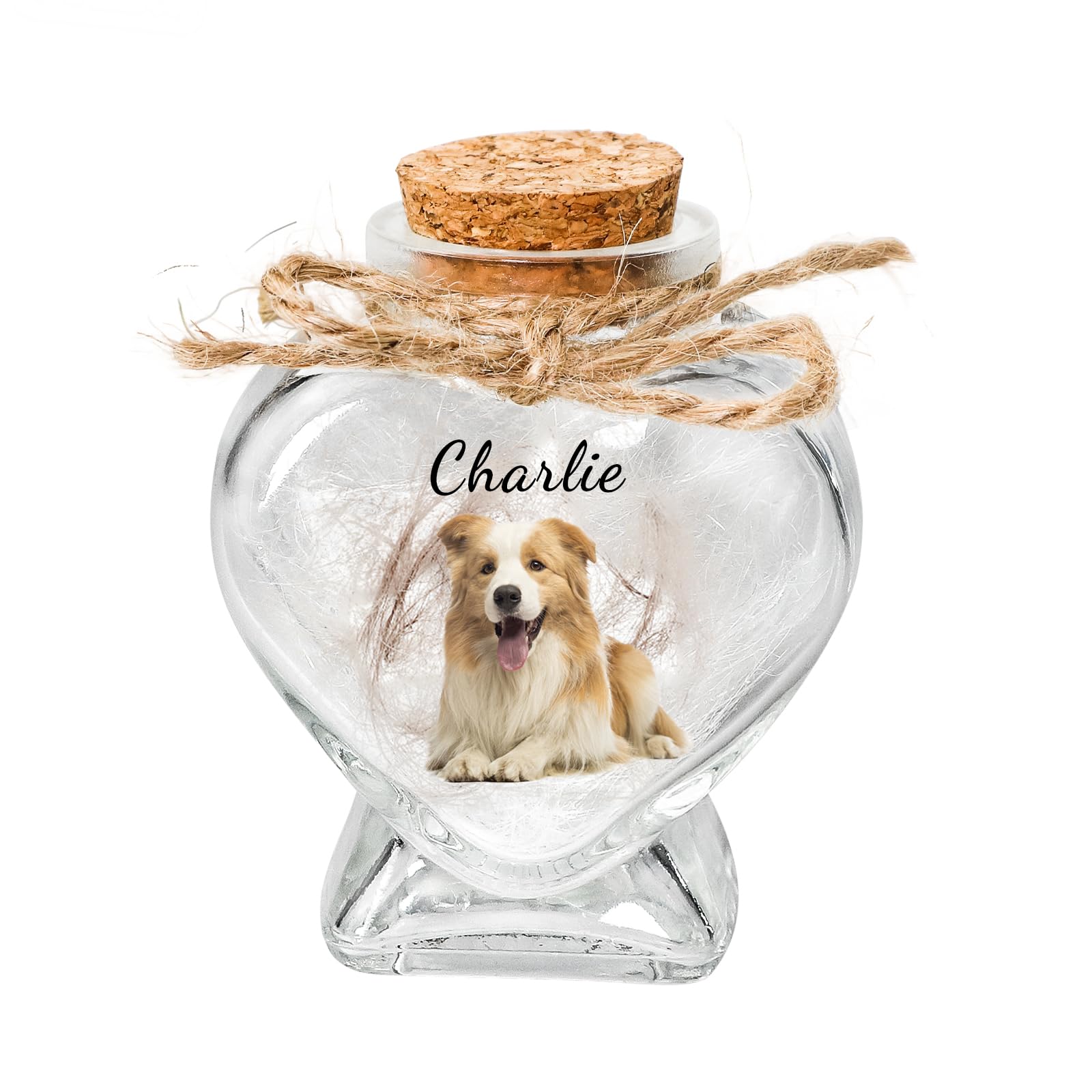 Barattolo di Vetro a Forma di Cuore Personalizzato per Animali Domestici, con Foto e Nome Personalizzabili. può Contenere Ceneri o Pelo. Regalo commemorativo per Animali Domestici (Heart)